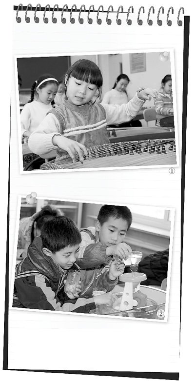 　圖1：鐵路五小古箏社團的孩子們正在演奏《高山流水》，圖2：科學課上，孩子們正在探索水的秘密。