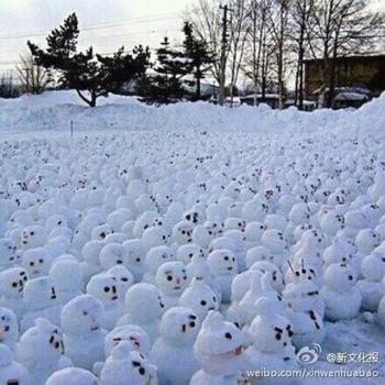 網(wǎng)傳“煙臺男子大學生堆1314個雪人表白”。微博圖