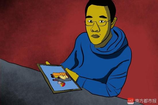 王煥凱看著一家人幸福的合照，黯然神傷，悔不當(dāng)初。（畫作者：吳斌）