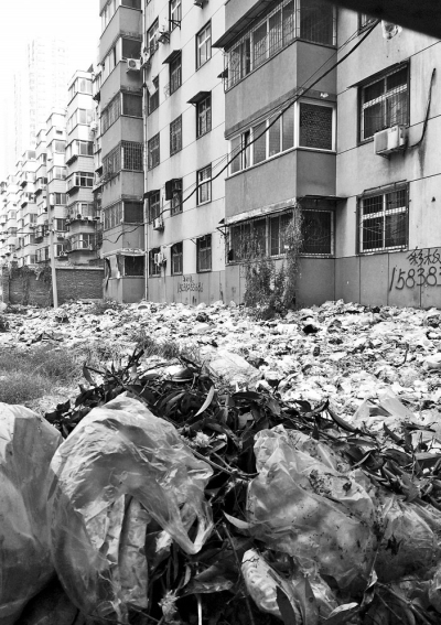 透過擋板縫向內(nèi)看，30多米垃圾已經(jīng)將居民樓包圍。