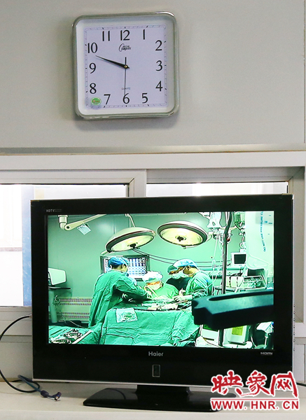 由于扎入大龍顱內(nèi)的針位置較深，所以經(jīng)過七次定位才取出,圖為監(jiān)視器中手術場景