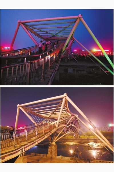 花園路西側(cè)東風(fēng)渠景觀橋，上圖攝于7月31日晚間，下圖攝于10月9日晚間。