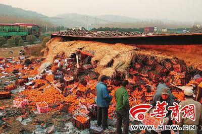 附近村民和交警一起幫厙師傅撿拾轉(zhuǎn)運散落的橘子