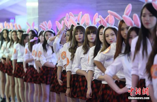 11月11日晚，一百位統(tǒng)一打扮的“兔女郎”現(xiàn)身南京新街口，逛街看電影玩快閃，走到哪里都被圍觀。